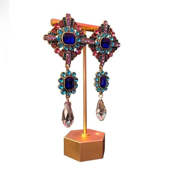 Blue Pink Teal Rhinestone Smokey Crystal Statement Dangle Earrings NWT - Picture 3 of 4